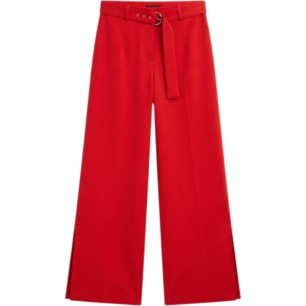 Love Dress Pants Womens L Red Wide Leg Crepe Pull On Belted Ring Buckle Casual